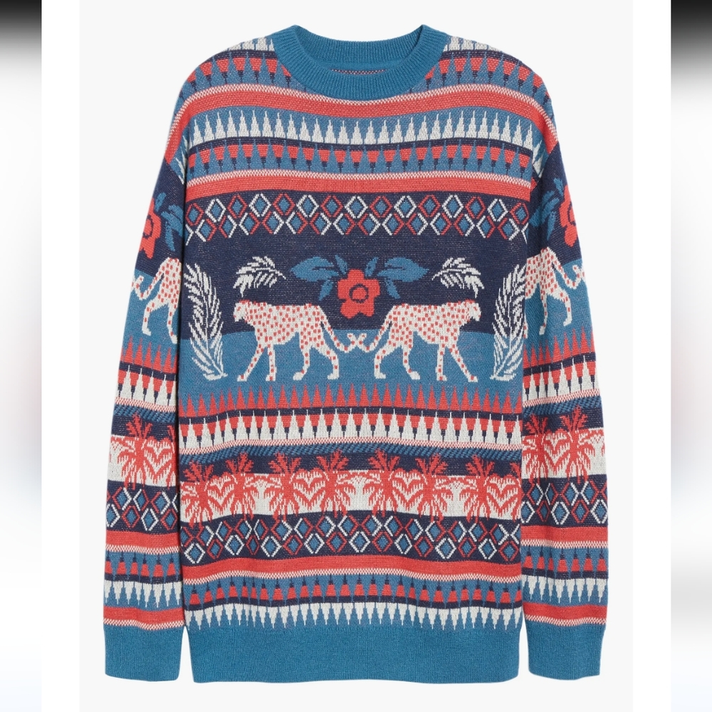 The Rail Men's Tropical Fair Isle Sweater Cheetah Palm Tree Large